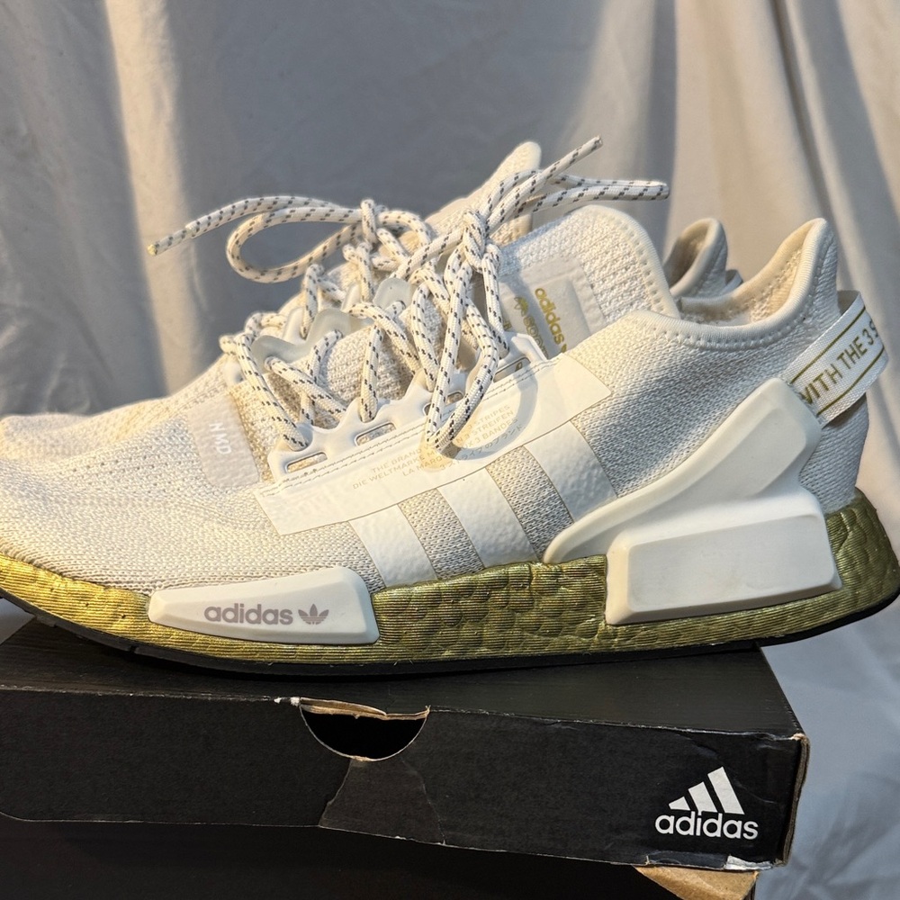 adidas White and Gold NMD Athletic Shoes